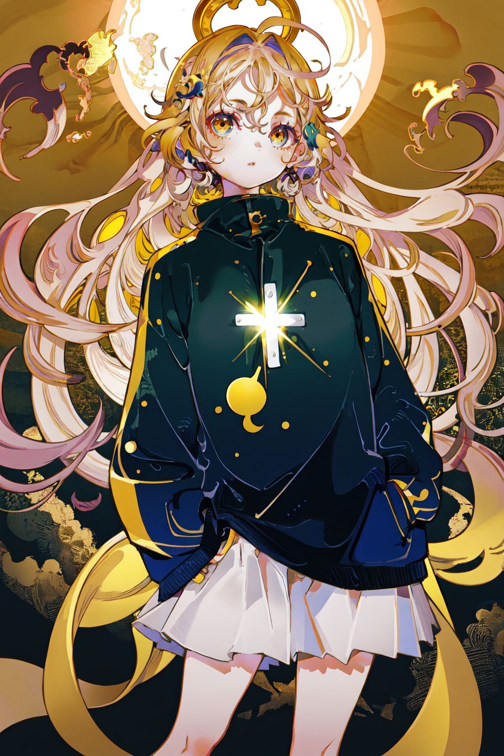 51716-1463711368-Girl, front face, golden long hair, white short skirt, hand in pocket, golden light, Holy Spirit, tiny golden dots, golden eyes,.jpg